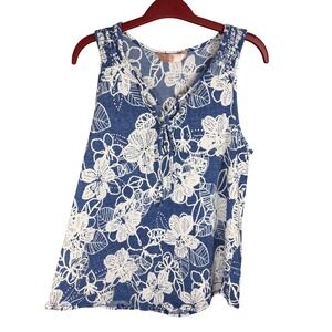 SJS Blue White Floral Lace Up V-Neck Sleeveless Tank Top Smocked Shoulder Small